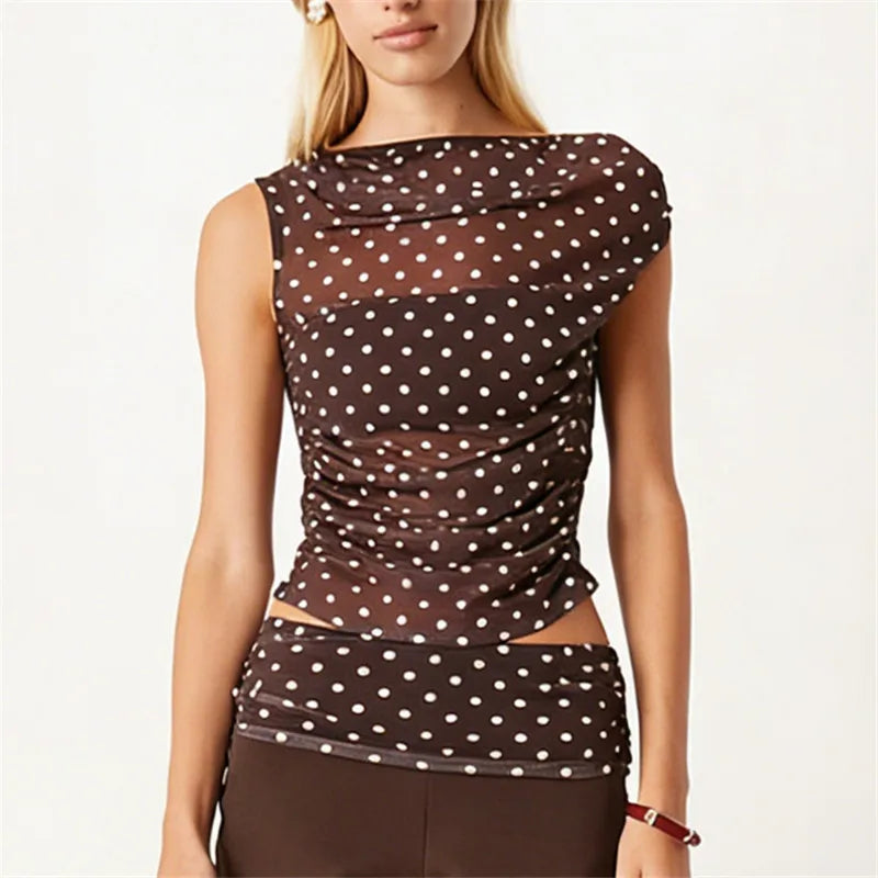VacationGrabs Summer Ladies Sheer Polka Dot Mesh Top Asymmetric Off Shoulder Ruched Sleeveless Blouse Casual Daily Summer Streetwear