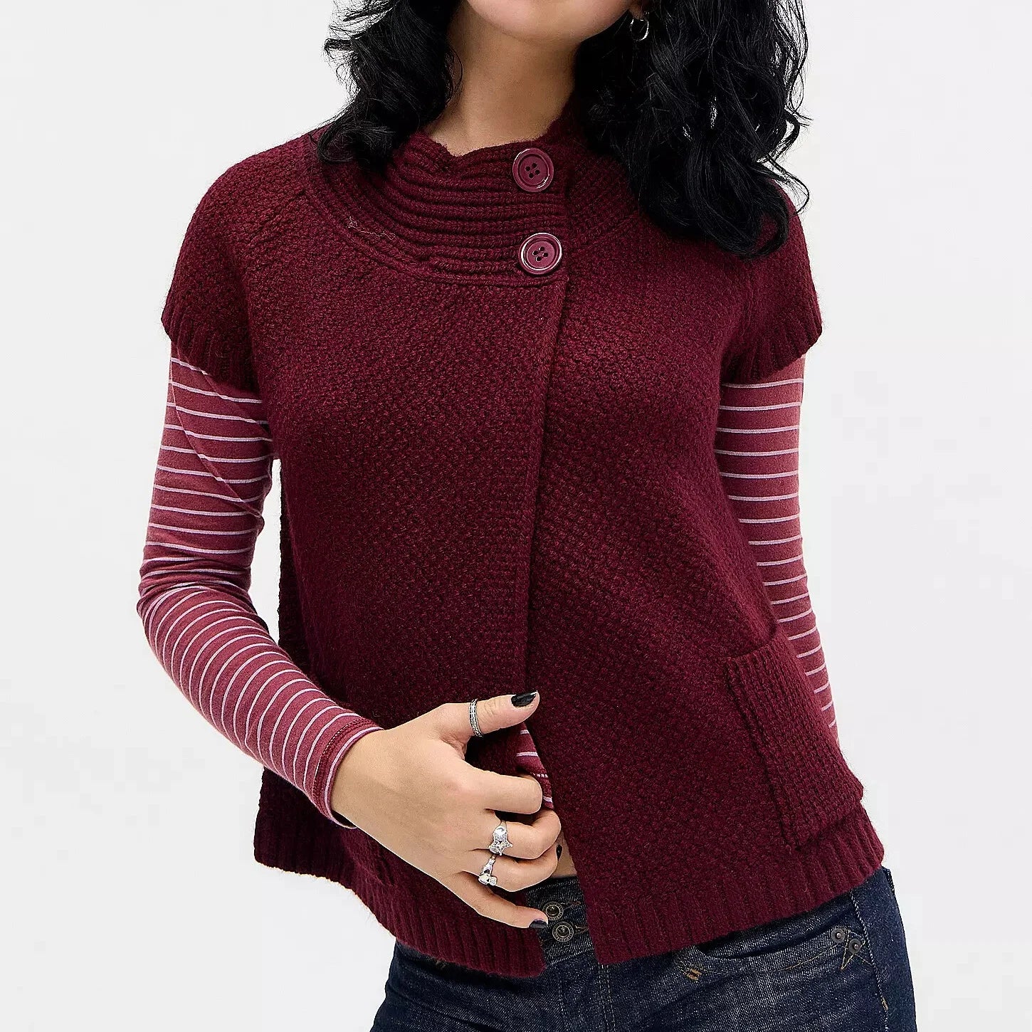 VacationGrabs Knitted Sweater Cardigan Tee Round Neck Short Sleeve Women's Breathable Soft Button Decorated Loose Fit Jumper Top