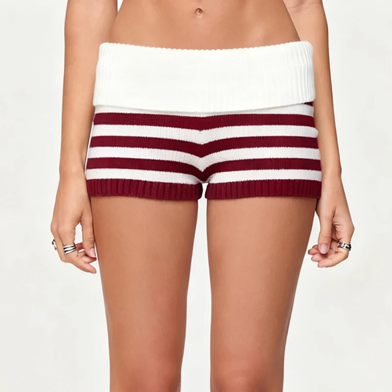VacationGrabs Women Y2k Knit Mini Shorts Striped Foldover Low Waist Elastic Slim Fit Vintage Going Out Micro Bottom Streetwear