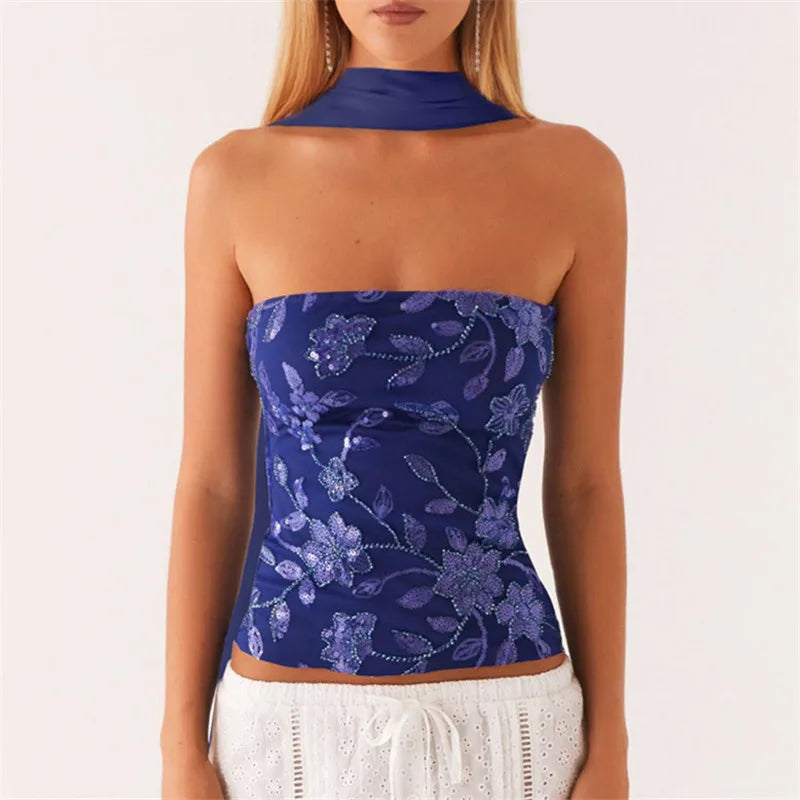 VacationGrabs Women Y2K Sequin Tube Top with Scarf Sexy Backless Pearl Embellished Beaded Cami Bling Glitter Rhinestone Camisole