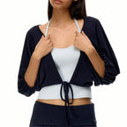 Women Two Piece Pilates Wrap Top Set Halter Neck Slim Fit Cami Tops and Half Sleeve Cropped Shrug Soft Yoga Sport Activewear