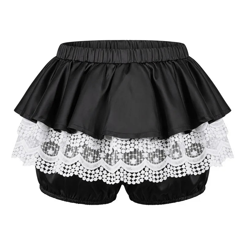 VacationGrabs Lolita Sweet Lace Layered Bloomers Women Elastic High Waist Ruffle Fake Two Piece Skort Lace Hem Casual Cute Short Pants