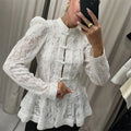 VacationGrabs Vintage Sheer Floral Lace Shirt Women Stand Collar Chinese Knot Buttons Puff Sleeve Peplum Slim Fit Casual Street Blouse