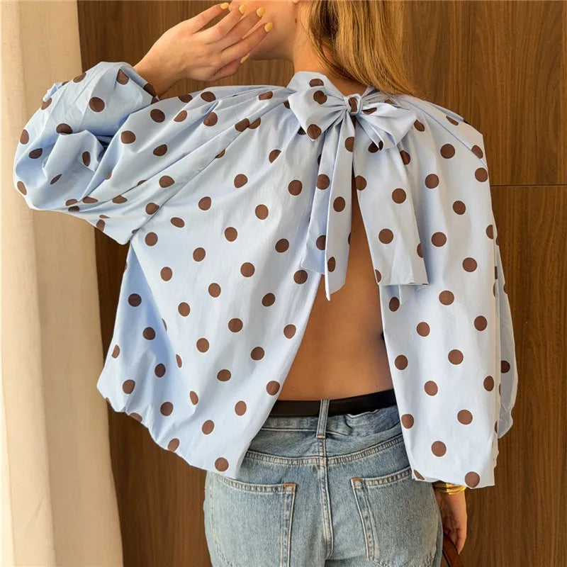 VacationGrabs Y2K Women Polka Dot Blouse Puff Long Sleeve Stand Collar Shirt Back Bow Tie Loose Cropped Top Fall Casual Backless Shirt