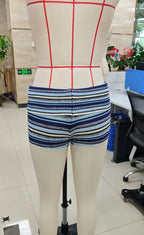 VacationGrabs Chic Striped Knit Shorts Low Waist Folded Waistband Bodycon Mini Shorts for Date Night and Elegant Summer Occasions