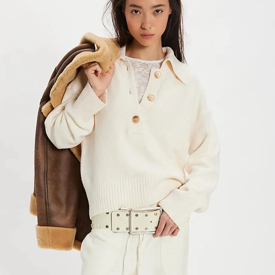 VacationGrabs Boho Women Sweater Long Sleeve Oversized Button Collared Pullover Lapel V Neck Knitted Jumper Tops Winter Fall Knitwear