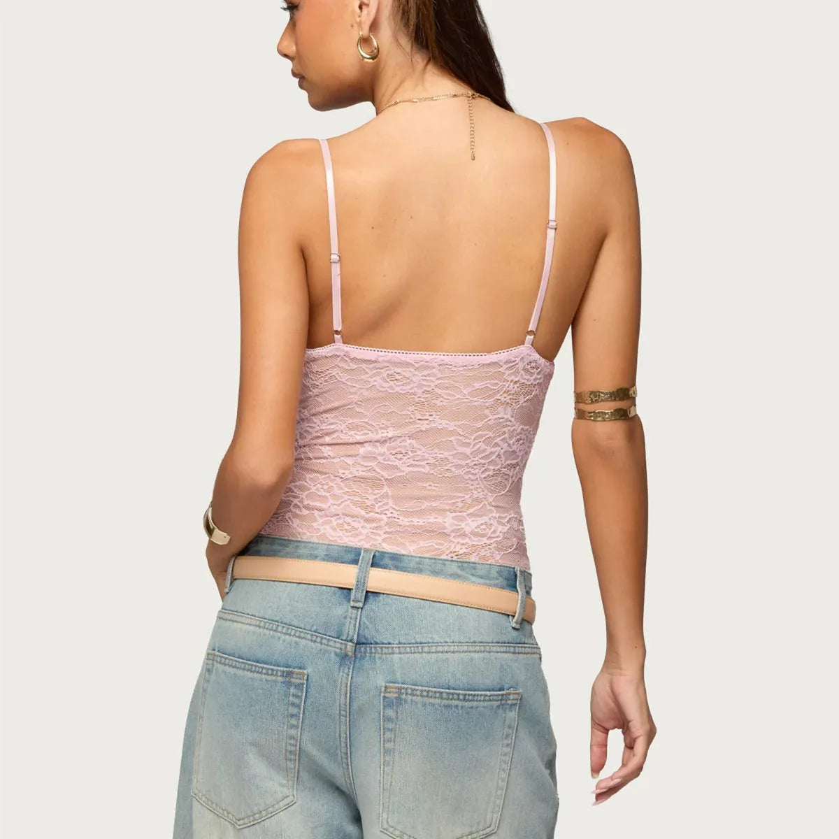 VacationGrabs Women Sheer Lace Camisole V Neck Spaghetti Strap Tank Tops Y2k Backless Sleeveless Floral Lace Cami Top Party Clubwear