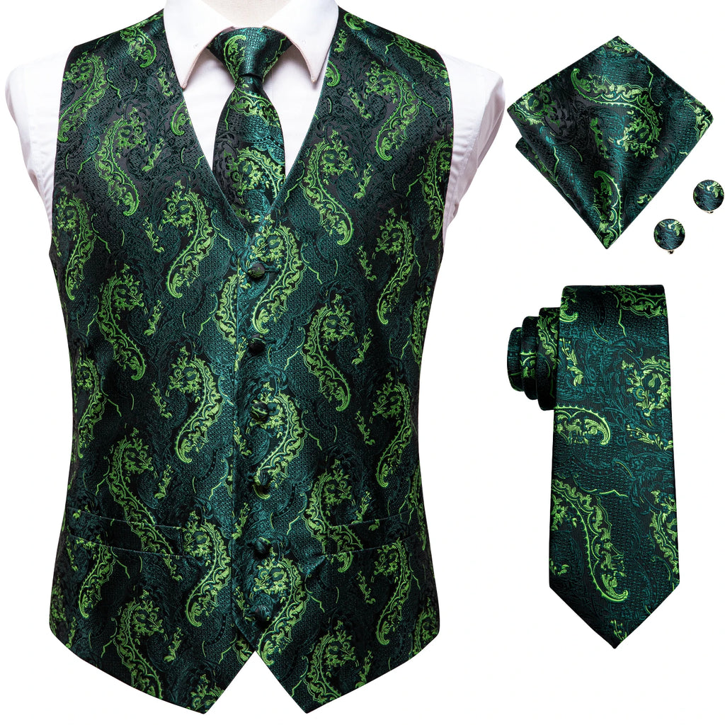 Green paisley necktie set including how to tie instructions and accessories
