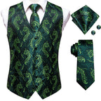 Green paisley necktie set including how to tie instructions and accessories