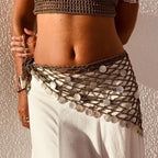 VacationGrabs Women Boho Crochet Sequin Shell Hip Scarf Irregular Mesh Handmade Knit Beach Wrap Skirt Summer Vacation Festival Wear
