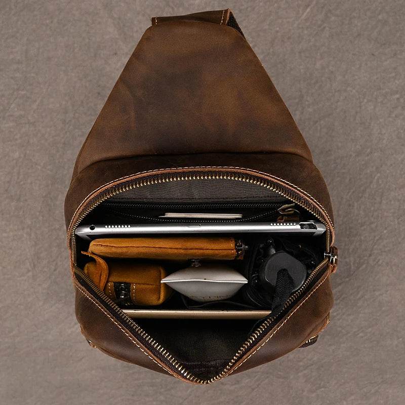 Crazy Horse Leather Men’s Chest Bag Top Layer Cowhide Sling - VacationGrabs