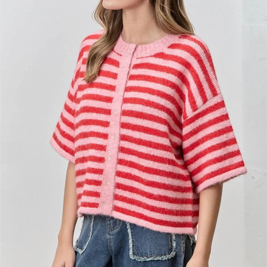 VacationGrabs Women Contrast Stripe Plush Mohair Knit Cardigan Round Neck Button Front Half Sleeve Loose Fit Cropped Knit Jacket Fall