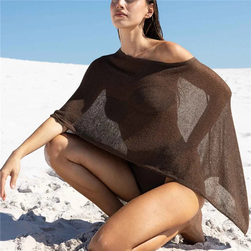 Off Shoulder Cover Up Tops Shirt Asymmetrical Sheer Knit Poncho Shrug Pullover Shawl Top Summer Holiday Beachwear