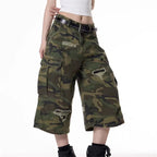 VacationGrabs Y2K Hip Hop Camo Cargo Capri Shorts Women Distressed Ripped Multi Side Pocket Baggy Wide Leg Camouflage Streetwear