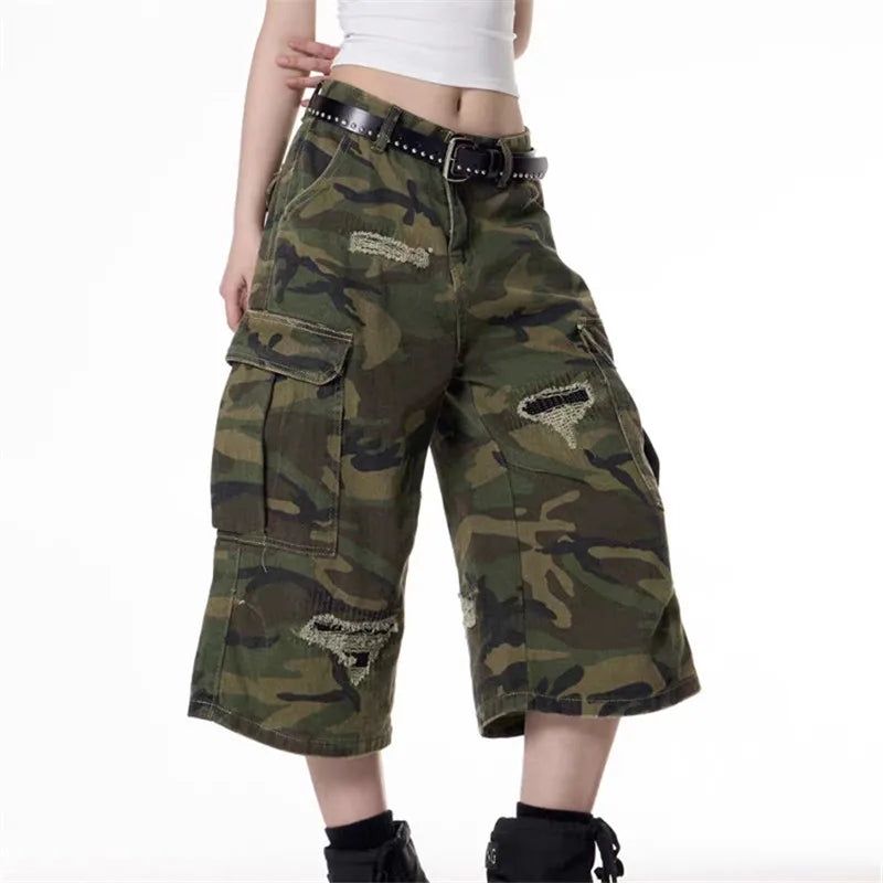 VacationGrabs Y2K Hip Hop Camo Cargo Capri Shorts Women Distressed Ripped Multi Side Pocket Baggy Wide Leg Camouflage Streetwear
