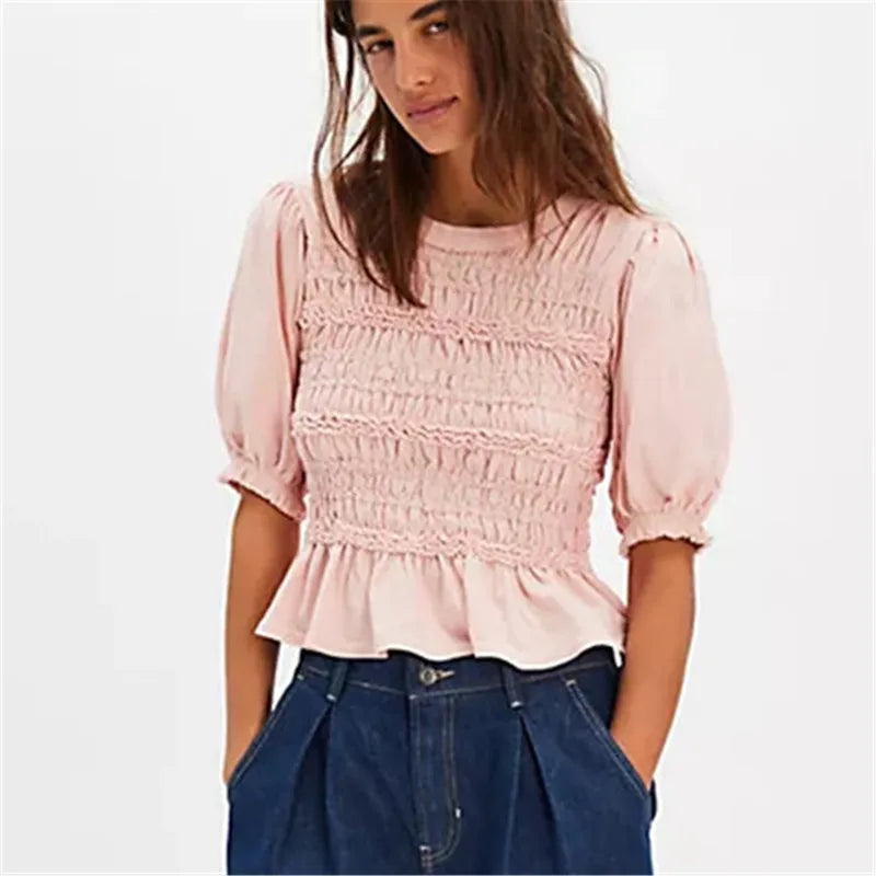 Women Shirred Peplum Shirt Y2K Ruffle Puff Short Sleeve Crew Neck Slim Fitted Crop Top Summer Smocked Going Out Blouse