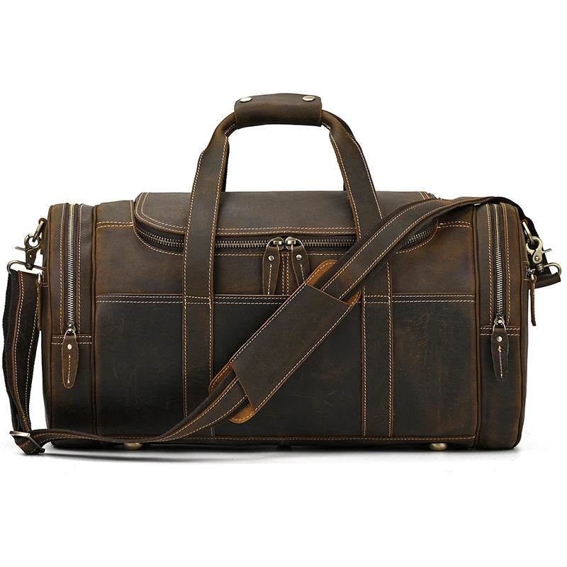 Genuine Leather Men’s Travel Bag Cowhide Shoulder Hand Luggage - VacationGrabs