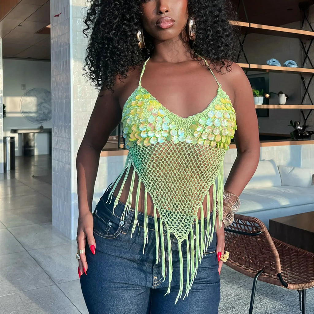 Summer Beach Vacation Hollow Out Knitted Backless Crop Tops Fringed Sequins Tessel Tank Top Women Crochet Halterneck Camis Top