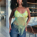 Summer Beach Vacation Hollow Out Knitted Backless Crop Tops Fringed Sequins Tessel Tank Top Women Crochet Halterneck Camis Top