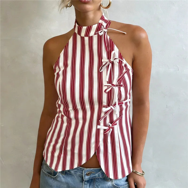 VacationGrabs Women's Oriental Striped Halter Neck Top Chinese Knot Button Side Asymmetric Hem Backless Summer Casual Blouse