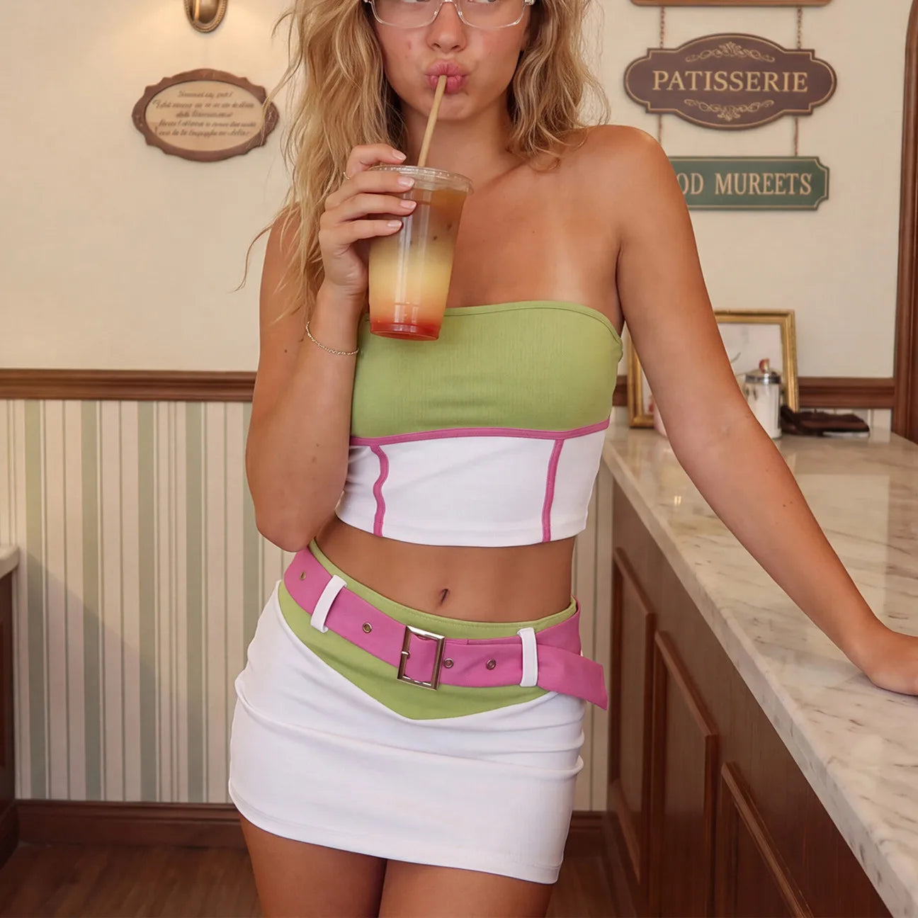 VacationGrabs Halloween Women Color Block Strapless Tube Top Ruched Mini Bodycon Skirt Set With Belt Y2K Cartoon Cosplay Costume