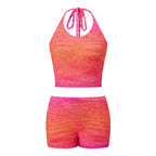 VacationGrabs Gradient Knit Halter Crop Top Scallop Shorts 2 Piece Set Women Summer Beach Casual Y2K Vacation Matching Outfit