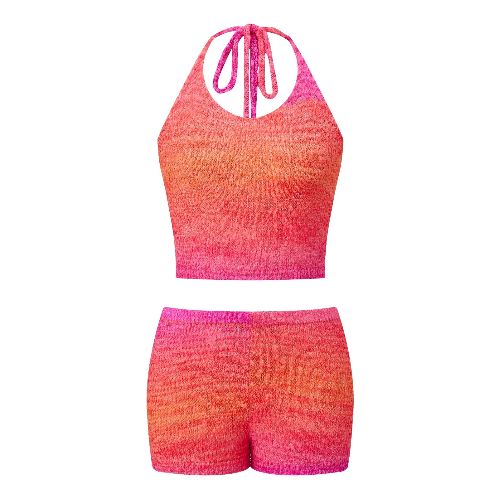 VacationGrabs Gradient Knit Halter Crop Top Scallop Shorts 2 Piece Set Women Summer Beach Casual Y2K Vacation Matching Outfit