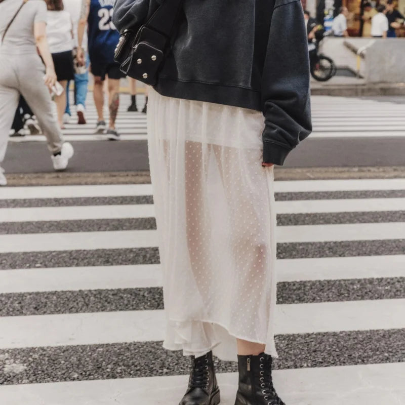 VacationGrabs Fashion Women Sheer Skirt Y2K Polka Dot Ankle Length Long Sheer Skirt Summer Spring Casual Party Wear High Waist Skirt