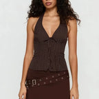 VacationGrabs Retro Pinstripe Halter Neck Crop Top Women Deep V Tie Front Button Down Sleeveless Slim Fit Y2K Tank Vest Streetwear