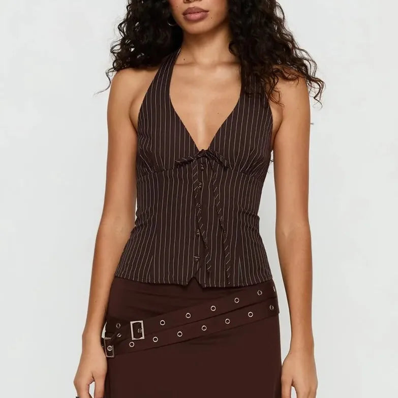 VacationGrabs Retro Pinstripe Halter Neck Crop Top Women Deep V Tie Front Button Down Sleeveless Slim Fit Y2K Tank Vest Streetwear
