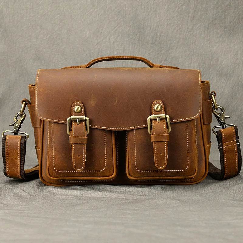 Vintage Crazy Horse Leather Messenger Bag for Men Crossbody Bag - VacationGrabs