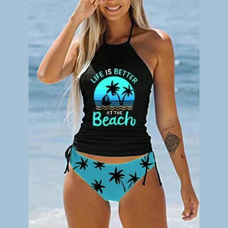 Women's Bathing Suit Drawstring Side Halter Neck Tankini - VacationGrabs