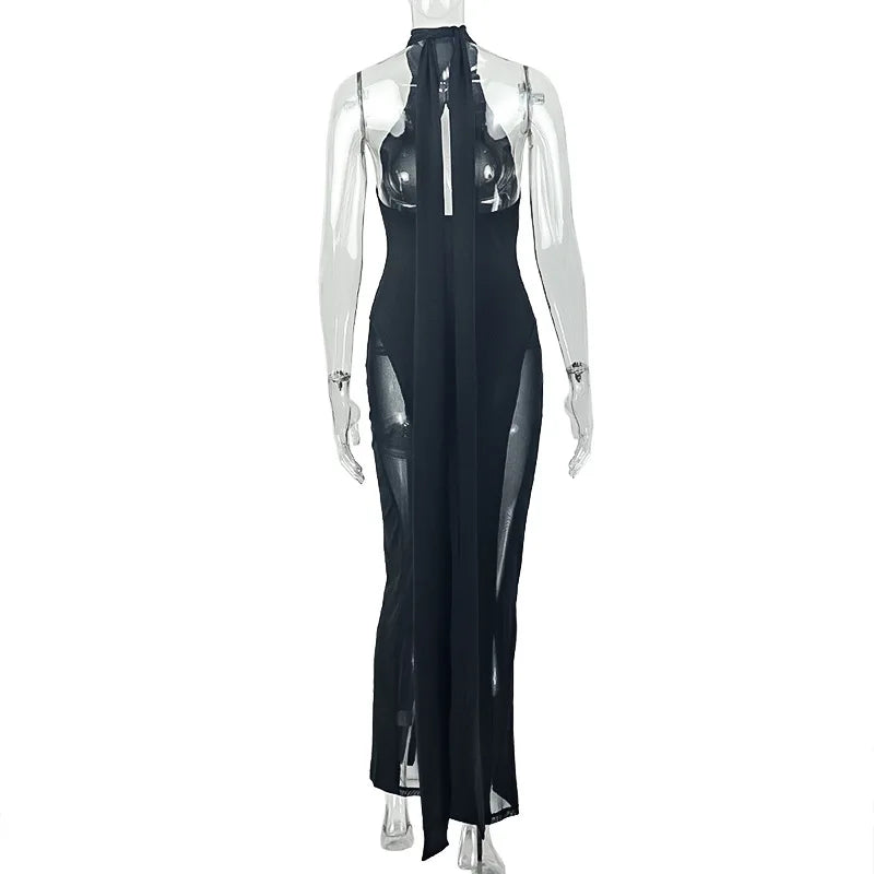 VacationGrabs Sexy Women Backless Halter Mesh See Through Maxi Dress Long Ribbon Tie Back High Split Slim Fit Bodycon Party Long Gown