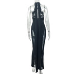 VacationGrabs Sexy Women Backless Halter Mesh See Through Maxi Dress Long Ribbon Tie Back High Split Slim Fit Bodycon Party Long Gown
