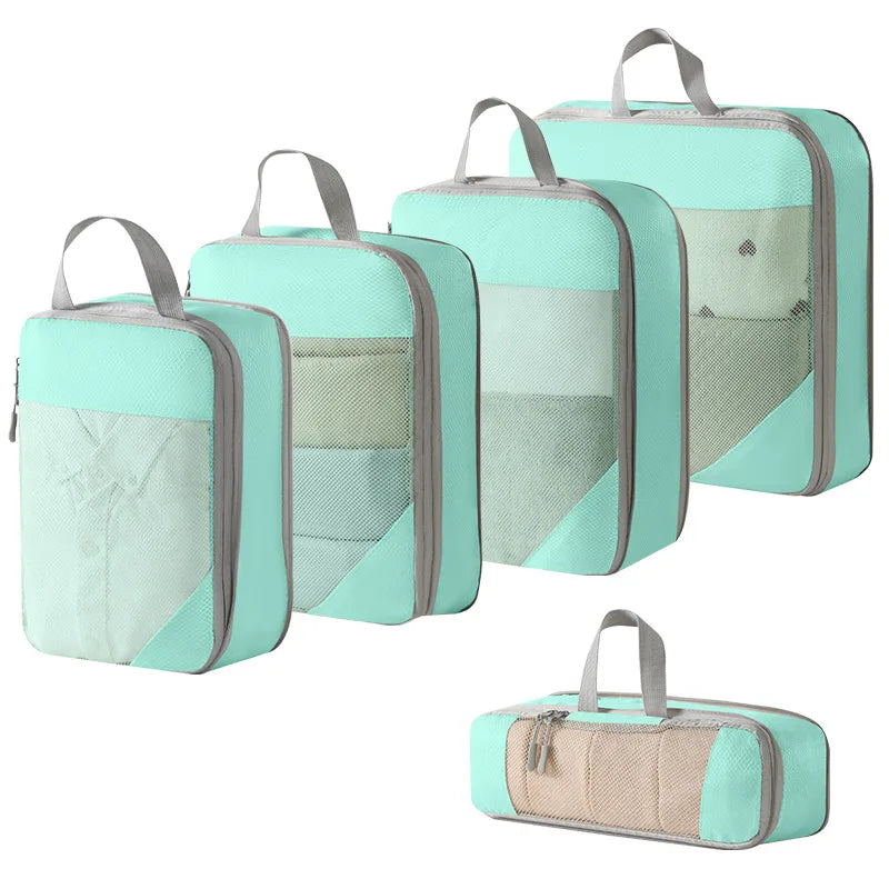 Turquoise compression packing cubes for travel in various sizes
