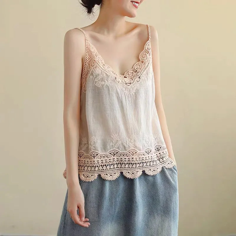 Women V Neck Camisole Loose Fit Hollowed Flower Embroidered Spaghetti Strap Cotton Linen Tops Casual Summer Streetwear