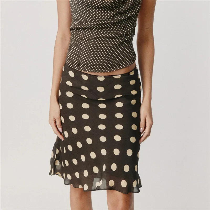 VacationGrabs Women's Boho Polka Dot Midi Skirt High Waist Ruffle Hem Silky Satin Flared Skirt Beach Vacation Summer Casual Skirt