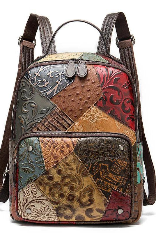  Colorful Patchwork Backpack For Women Genuine Leather Travel Backpack