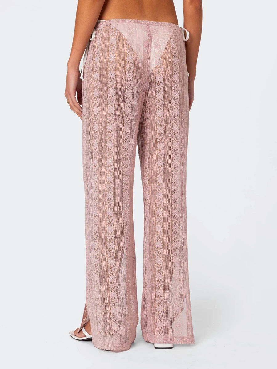VacationGrabs Women's Summer Sheer Beach Long Pants Casual Drawstring Waist Wide Leg Lace Floral See Through Pants Beachwear
