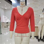 VacationGrabs Y2K Vintage Wrap V Neck Crop Top Ladies 3/4 Sleeve Ruched Slim Fitted Short Blouse Casual Going Out Streetwear Tops