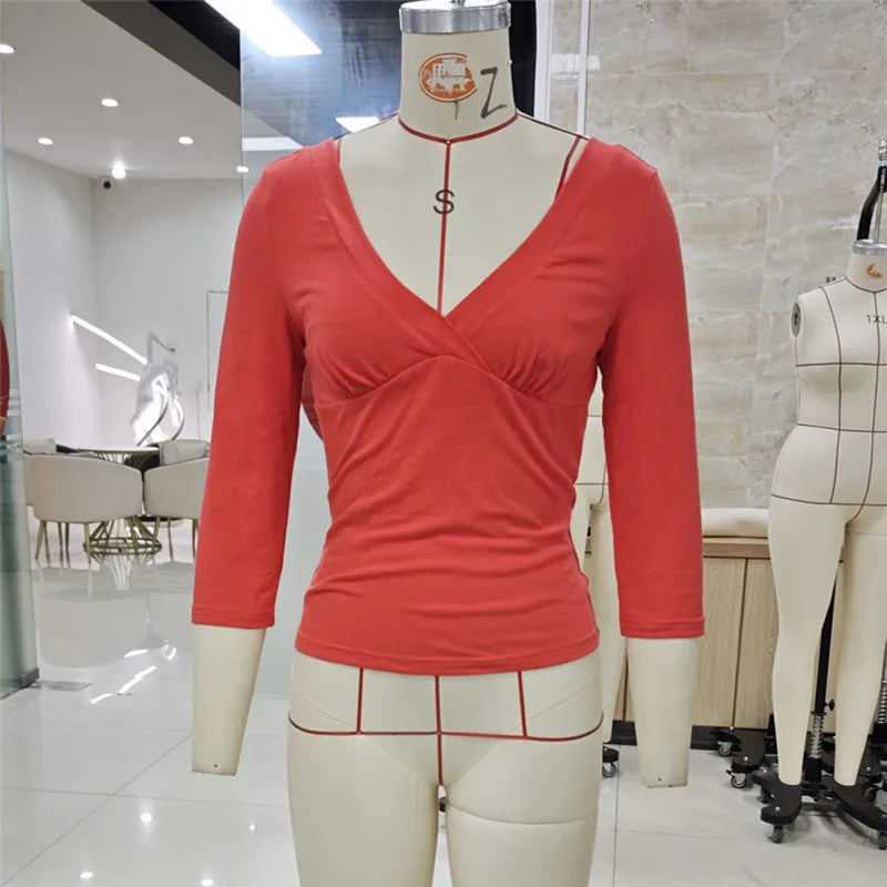 VacationGrabs Y2K Vintage Wrap V Neck Crop Top Ladies 3/4 Sleeve Ruched Slim Fitted Short Blouse Casual Going Out Streetwear Tops