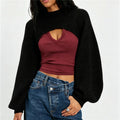 VacationGrabs Women's Cropped Knit Shrug Sweater Open Back Round Neck Long Lantern Sleeve Loose Short Knit Top Streetwear Pullover