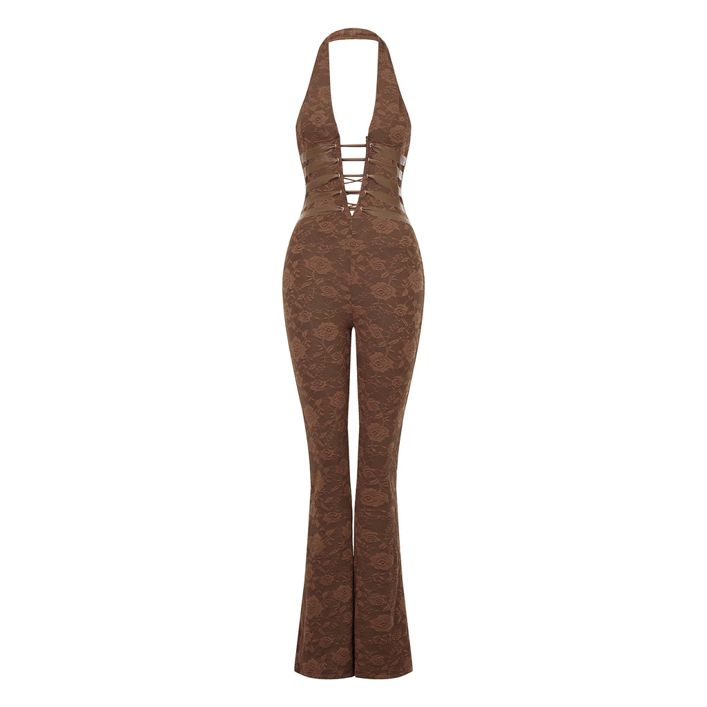 VacationGrabs Chic Women Lace Jumpsuits Halter Neck Cross Backless Sleeveless Long Rompers Summer Slim Playsuit Clubwear ropa de mujer