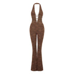 VacationGrabs Chic Women Lace Jumpsuits Halter Neck Cross Backless Sleeveless Long Rompers Summer Slim Playsuit Clubwear ropa de mujer
