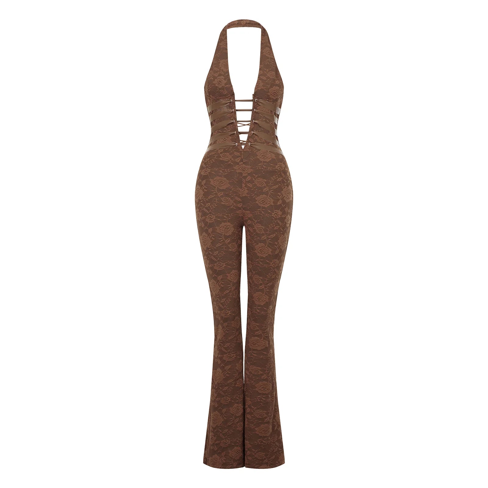 VacationGrabs Chic Women Lace Jumpsuits Halter Neck Cross Backless Sleeveless Long Rompers Summer Slim Playsuit Clubwear ropa de mujer