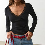 VacationGrabs Lace Trim V Neck Wrap Long Sleeve Crop Top Women Slim Ruched Solid Color Basic Layering T Shirt Autumn Going Out Blouse