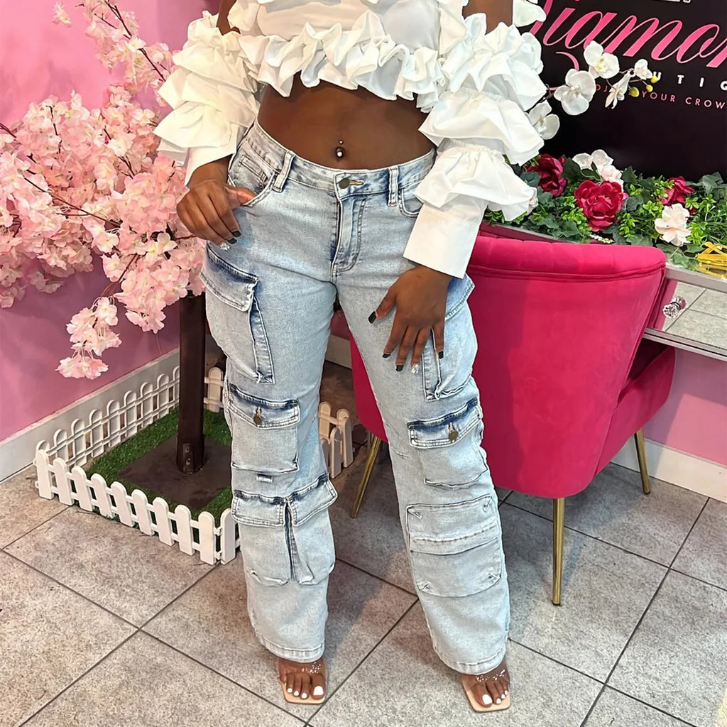 VacationGrabs Vintage Trendy Streetwear Women's Fashion Jeans Flip Up Multi Pocket Jeans Cargo Pants High Waist Washed Hiphop Jeans