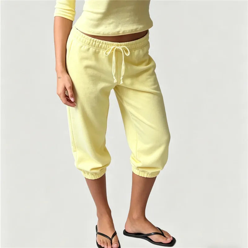 Women Vintage Y2K Low Waist Capri Sweatpants Drawstring Loose 3/4 Length Cropped Casual Streetwear Solid Color Loungewear Pants