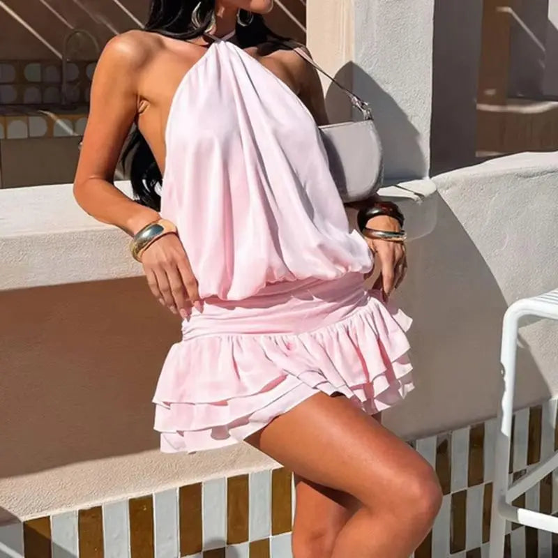Chic Women Halter Tie Neck Mini Dress Solid Sexy Open Back Ruffle Short Dress Summer Flowy Beach Sundress Party Clubwear