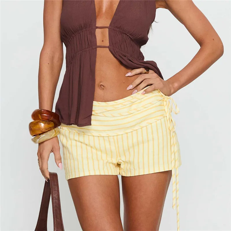 VacationGrabs Summer Vacation Low Waist Shorts Women Fold Over Waistband Side Tie Ruched Striped Solid Casual Beach Mini Short Pants